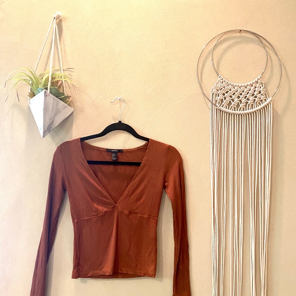 Long sleeve, low cut top.